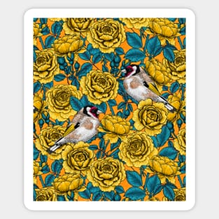 Yellow rose flowers and goldfinch birds Sticker